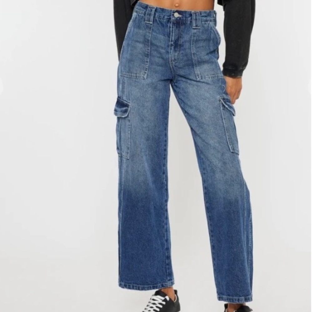 New KanCan High Rise Cargo Utility Medium Wash Cotton Wide Leg Skater Fit Jeans